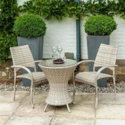 Alexander Rose Ocean Pearl Fiji Rattan 60cm Bistro Set With Stacking Armchairs