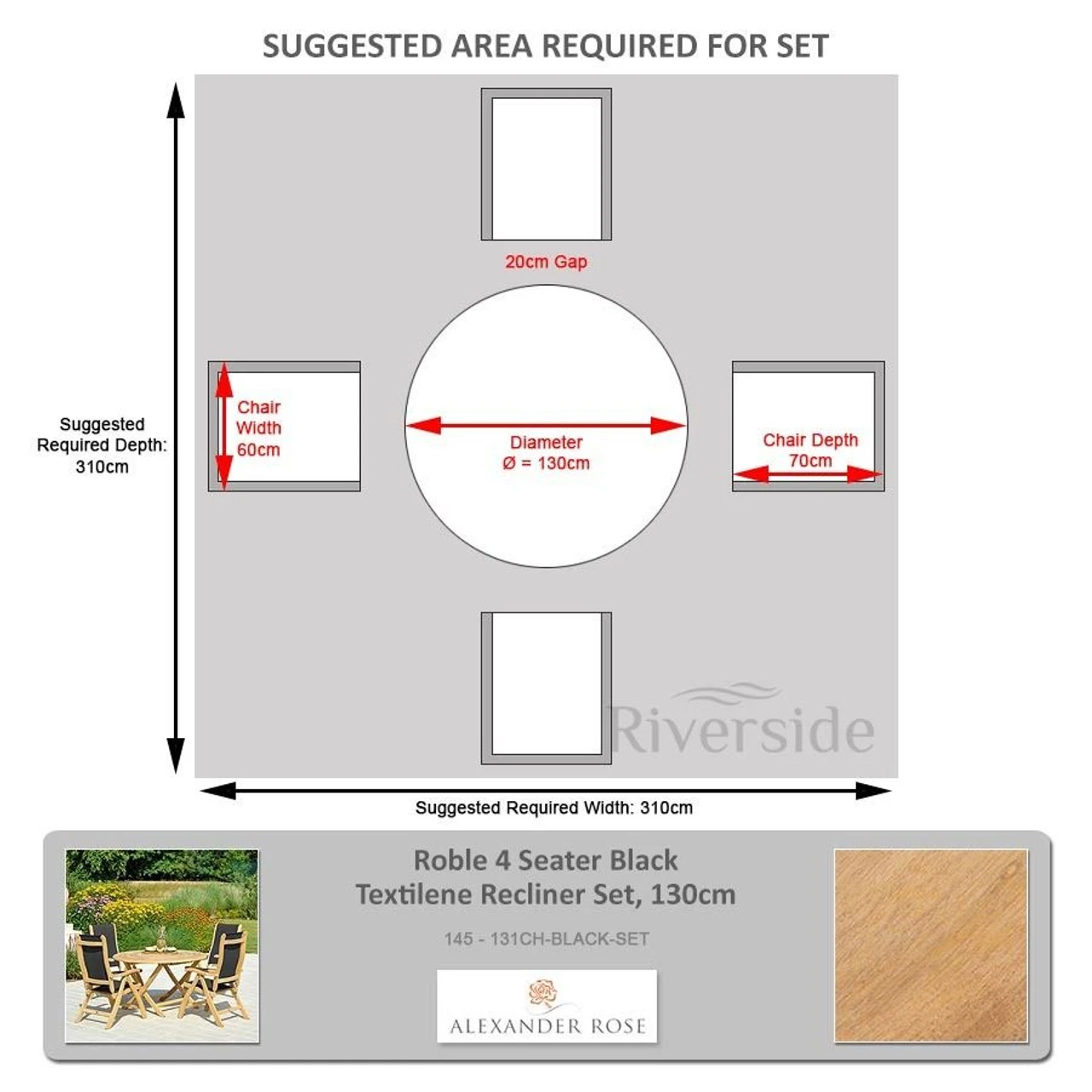 Alexander Rose Roble 4 Seater Black Textilene Recliner Set, 130cm - Image 2