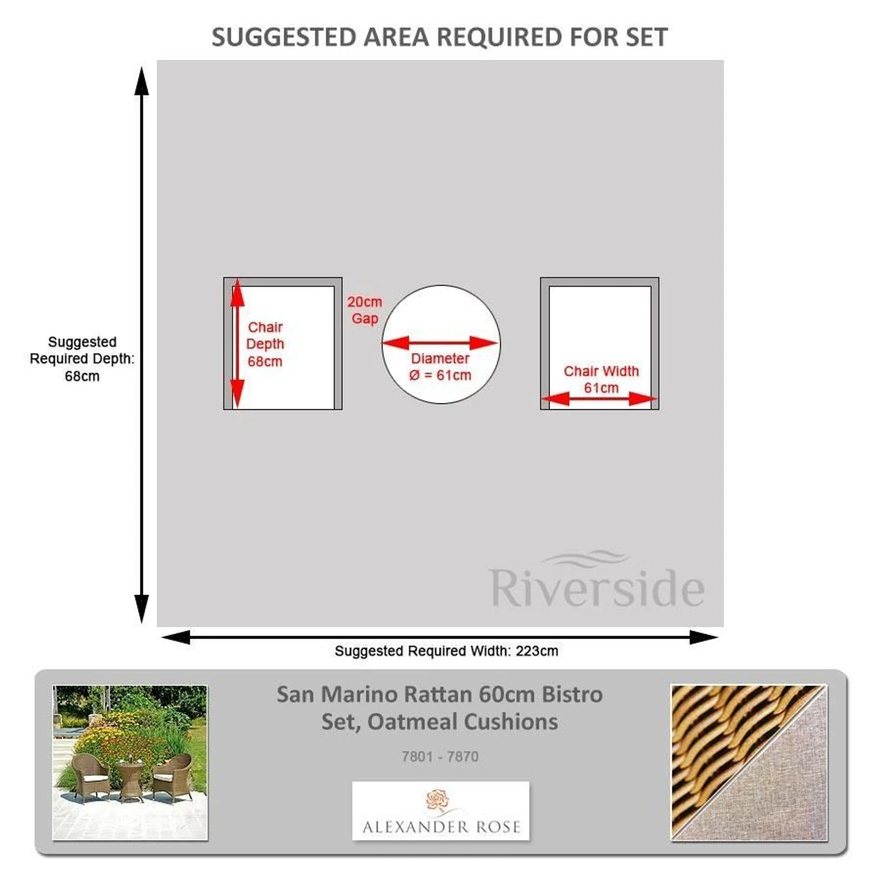 Alexander Rose San Marino Rattan 60cm Bistro Set, Oatmeal Cushions 2 - Image 2